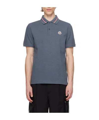 Moncler Blue Patch Polo In Dusty Blue 794