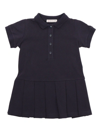 Moncler Kids' Logo Patch Pleated Polo Shirt Dress In Blue