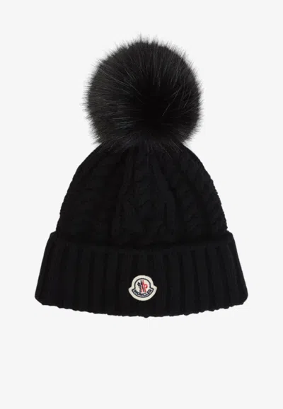 Moncler Logo Patch Pompom Beanie In Black