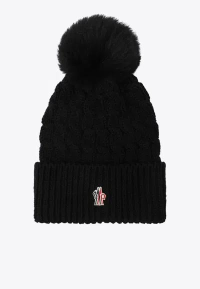 MONCLER LOGO PATCH POMPOM WOOL BEANIE