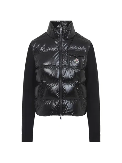 Moncler High Collar Cardigan Quilted Design Ribbed Cuffs In Black