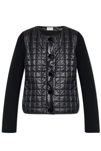 Moncler Logo Patch Quilted Knitted Cardigan In Black