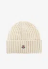 Moncler Logo Patch Rib Knit Beanie In Cream