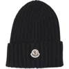 Moncler Logo Patch Rib Wool Beanie In Black