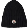 Moncler Mol20933b00036a9327999bb Ribbed Merino Wool Beanie In Black
