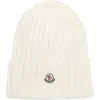 Moncler Logo Patch Rib Wool Beanie In White