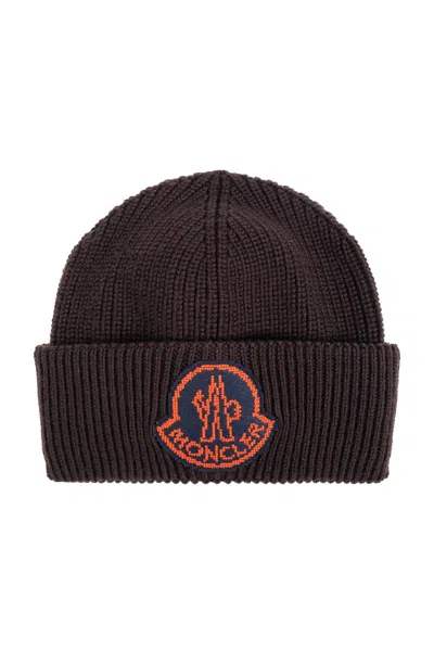 Moncler Logo-patch Wool Beanie In Brown