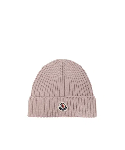 Moncler Logo-patch Ribbed Beanie In Nude