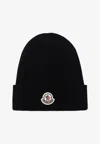 Moncler Logo Patch Ribbed Wool Beanie In Black