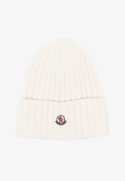 Moncler Logo Patch Ribbed Wool Beanie In White