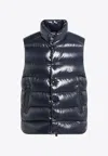 Moncler Logo Patch Shiny Padded Vest In Blue