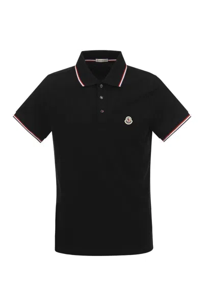 Moncler Men Cotton Pique Polo Shirt With Tricolor Trim In Black