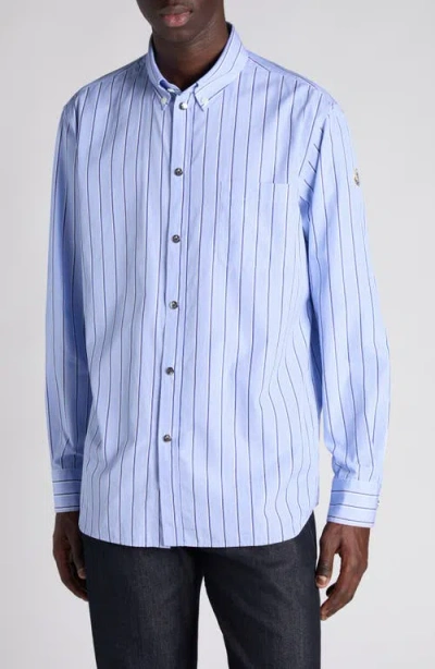 Moncler Logo Patch Stripe Cotton Poplin Button-down Shirt In Blue