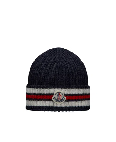 Moncler Logo-patch Stripe-detail Beanie In Black