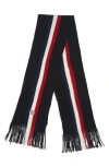 Moncler Logo Patch Stripe Virgin Wool Fringe Scarf In Blue