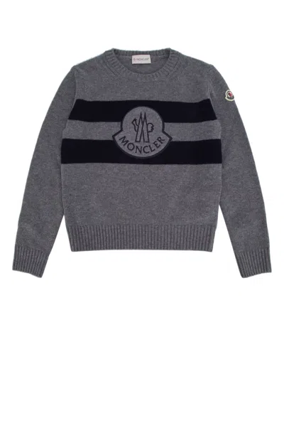 Moncler Kids' Logo Patch Striped Crewneck Jumper In Gray