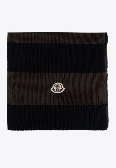 Moncler Logo Patch Striped Rib-knit Scarf In Brown