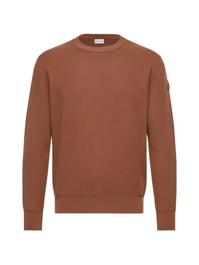 Moncler Leather Logo Wool Sweater In Brown