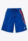 Moncler Straight-leg Mid-length Logo-appliquéd Striped Recycled Swim Shorts In Blue