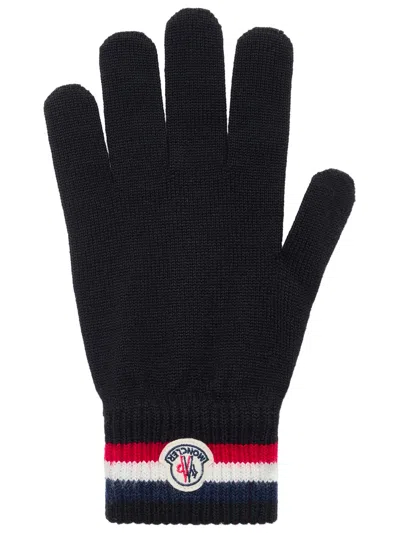 Moncler Logo Patch Tricolour Trim Virgin Wool Stockinette Stitch Gloves In Nero