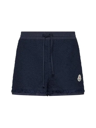 Moncler Logo Patch Tweed Shorts In Blue