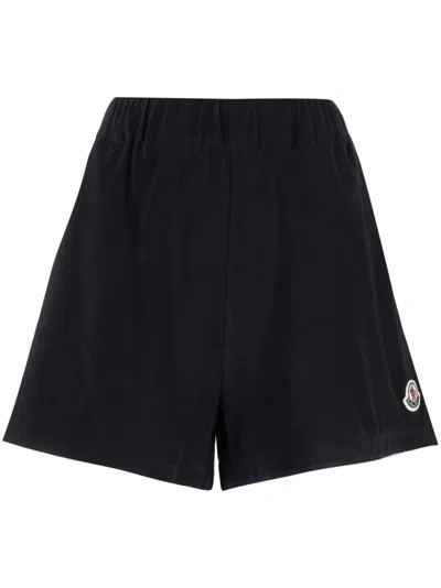 Moncler Logo-patch Velour Shorts In Navy