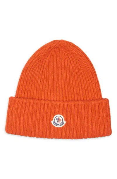 Moncler Logo Patch Virgin Wool & Cashmere Beanie In Orange