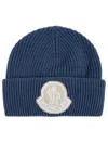 Moncler Logo Patch Wool Beanie In Blue