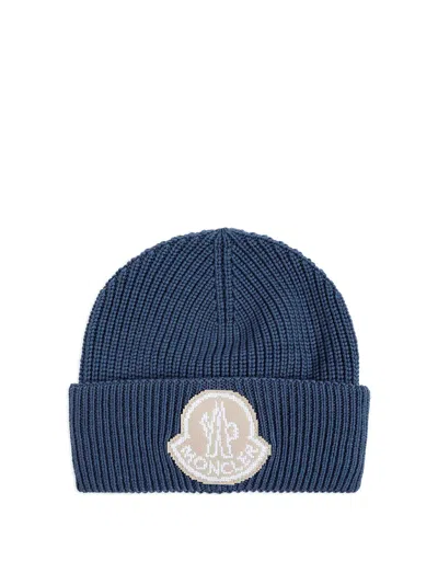 Moncler Logo-patch Virgin-wool Beanie Hat In Dark Wash