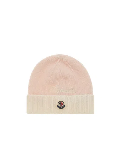 Moncler Logo-patch Virgin-wool Beanie In Nude