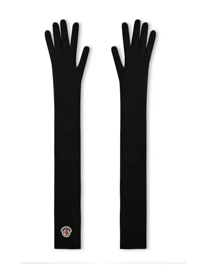 Moncler Logo Patch Virgin Wool Long Gloves In Black