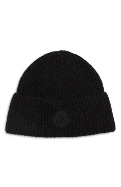 Moncler Logo Patch Wool & Mohair Blend Beanie In Black