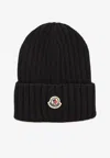 Moncler Logo Patch Wool Beanie In Black