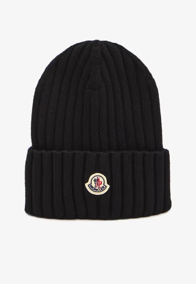 Moncler Logo Patch Wool Beanie In Black