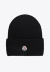 Moncler Ribbed Knit Carded Wool Beanie With Felt Logo Patch In Black