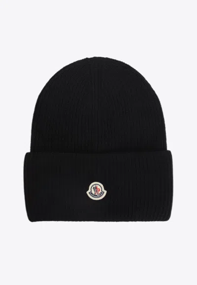 Moncler Logo-patch Wool Beanie In Black