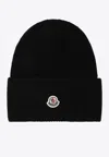 Moncler Logo Patch Wool Beanie In Black