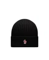 Moncler Grenoble Black Ribbed Beanie With Logo Patch In Wool Man In Black