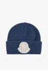 Moncler Logo Patch Wool Beanie In Blue