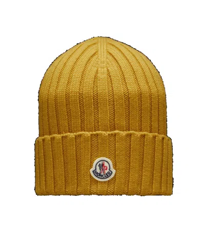 Moncler Logo-patch Wool Beanie In Brown