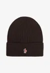 Moncler L Beanie Hat With Logo Patch In Brown