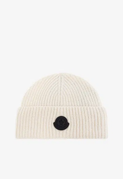 Moncler Logo Patch Wool Beanie In Cream