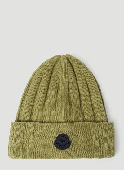 Moncler Logo Patch Wool Beanie Hat In Green