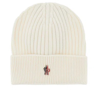 Moncler Logo Patch Wool Beanie Hat In White