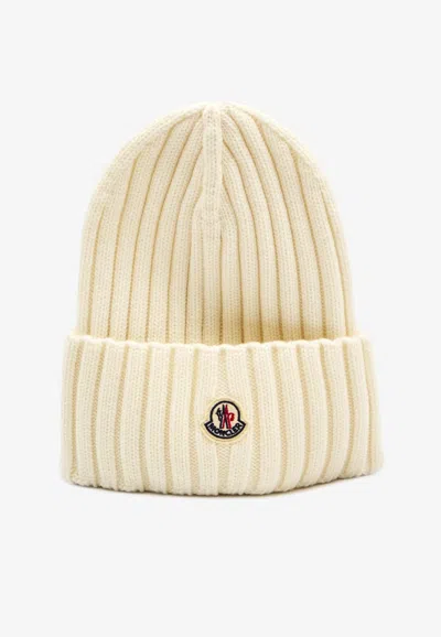 Moncler Logo Patch Wool Beanie In White