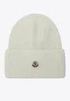 Moncler Logo Patch Wool Beanie In White