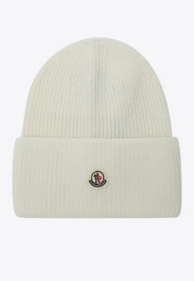 Moncler Logo Patch Wool Beanie In White