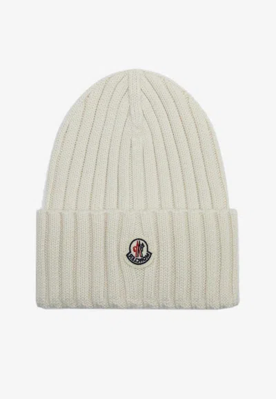 Moncler Logo Patch Wool Beanie In White
