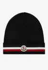 Moncler Logo Patch Wool Beanie With Tricolor Band In Black