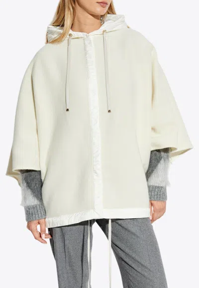 Moncler Logo Patch Wool Hooded Poncho In Cream